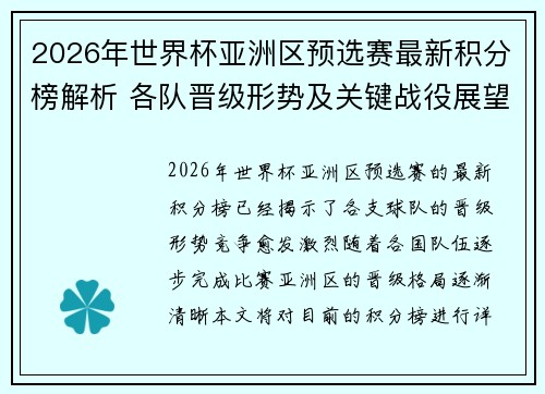 2026年世界杯亚洲区预选赛最新积分榜解析 各队晋级形势及关键战役展望
